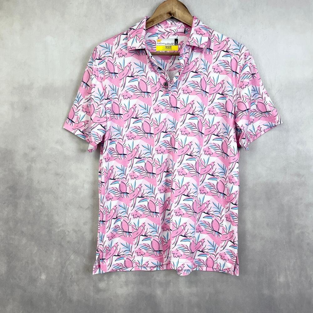 Nicklaus Mens Polo Shirt Small Pink Toucan Bird Golf Tropical Travel Resort AOP‎